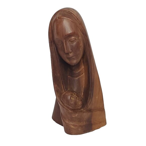 Vintage Hand Carved Wood Mother & Child Figurine Statue Bust Christian Religious - Picture 1 of 5